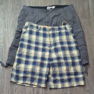 2 Pair Plugg Men's Navy and Beige Vintage Plaid Cargo Shorts